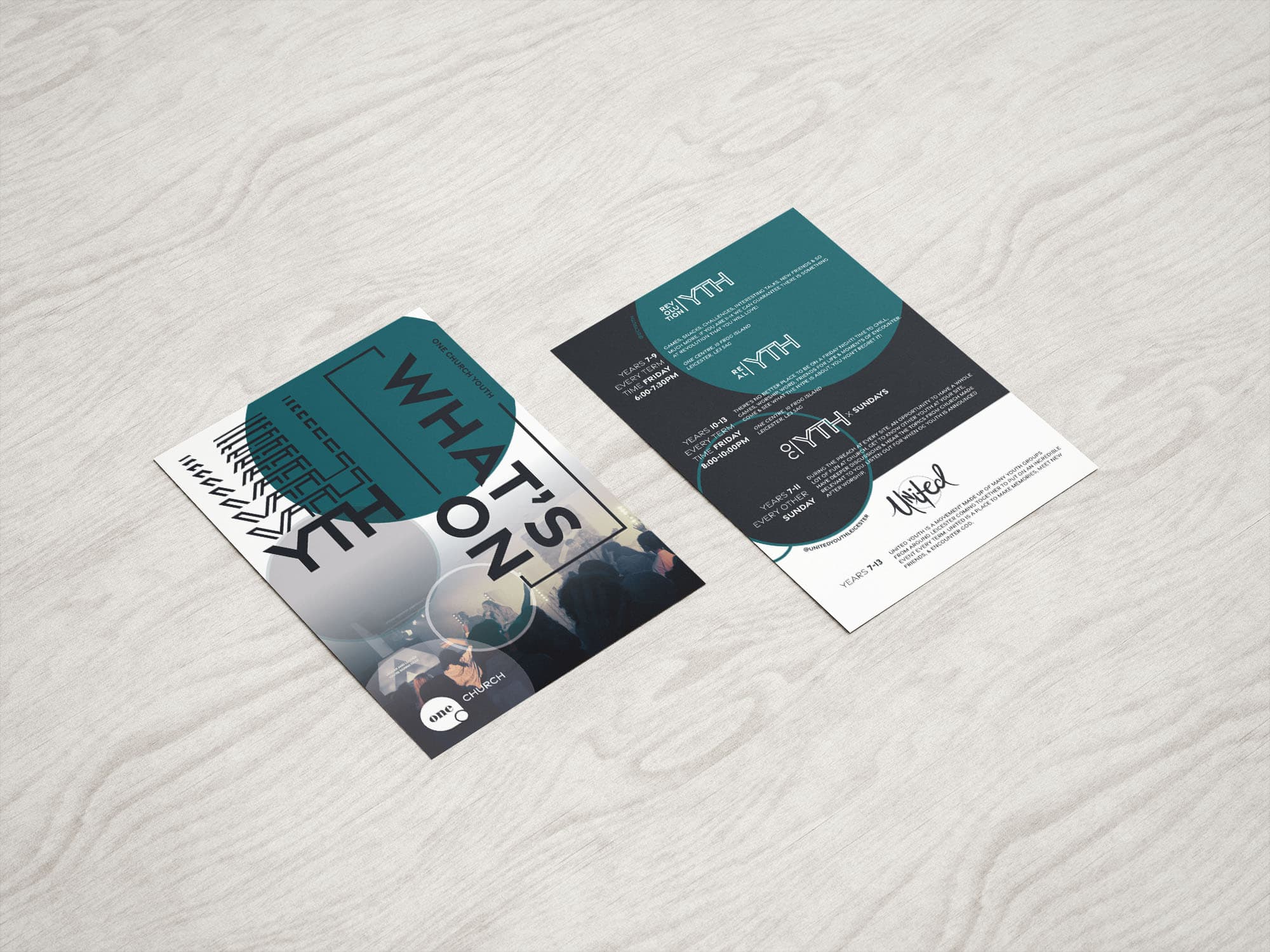 A5 information leaflet designed for all One Church's youth ministries, showing all Youth logos and the long One Church logo.
