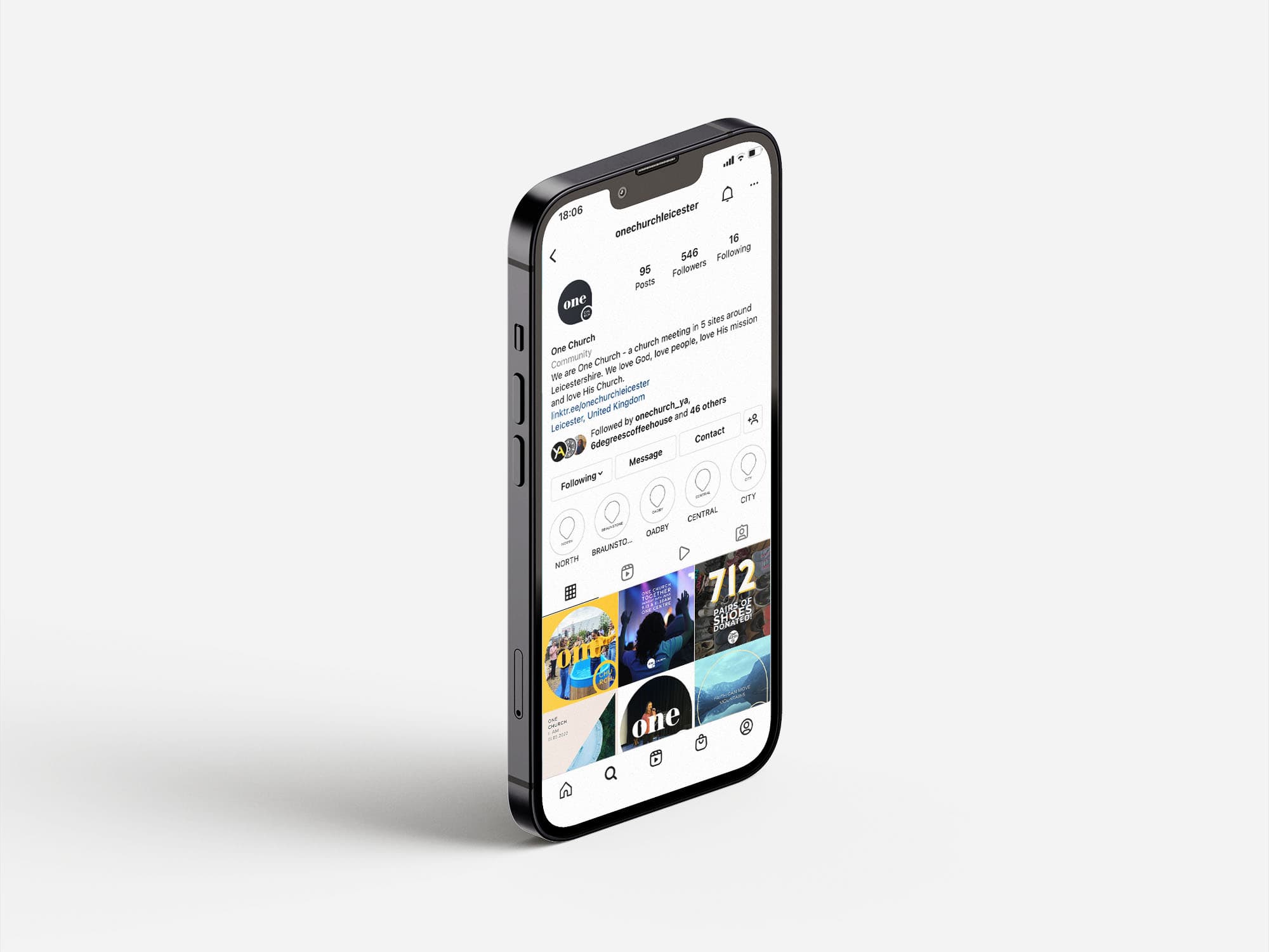 Mockup showing One Church social media. I designed lots of branding assets that One Church can use across
                    different social media platforms.