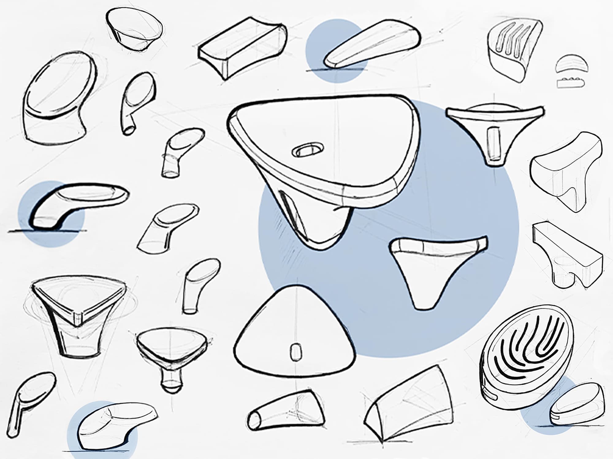 The wire hubs are the main interface by which the user removes and reinserts the d-wires to adjust the flexibility
                        of the probeshaft. The sketches show some of the form exploration for the wire hubs.
