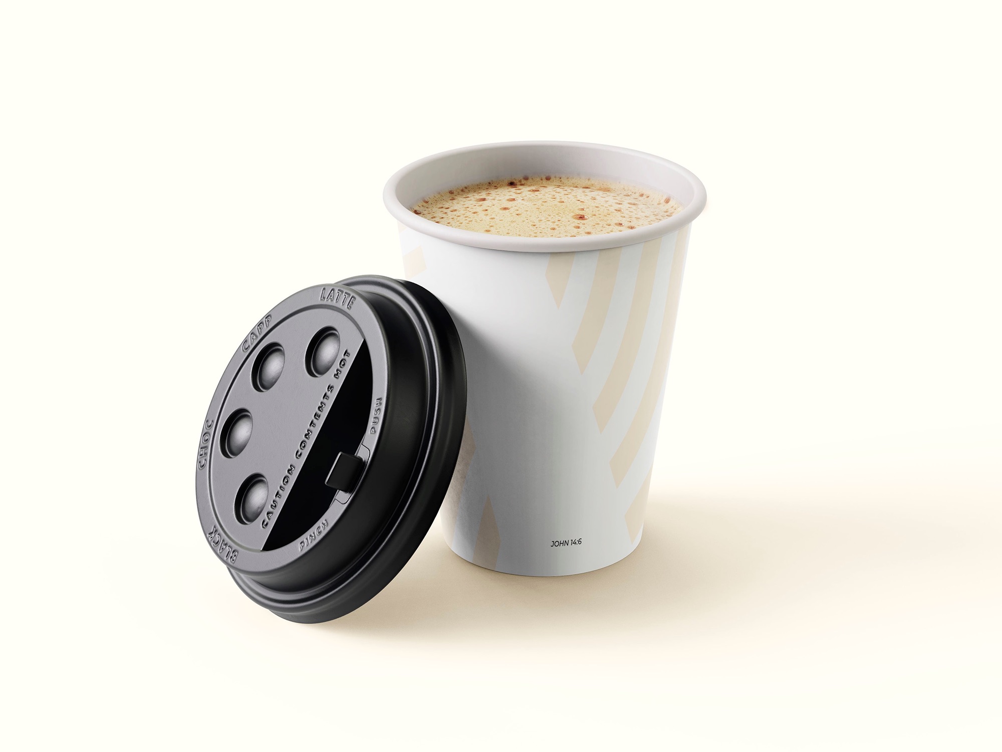 Reverse side of the coffee cup design with text reading John 14:6.