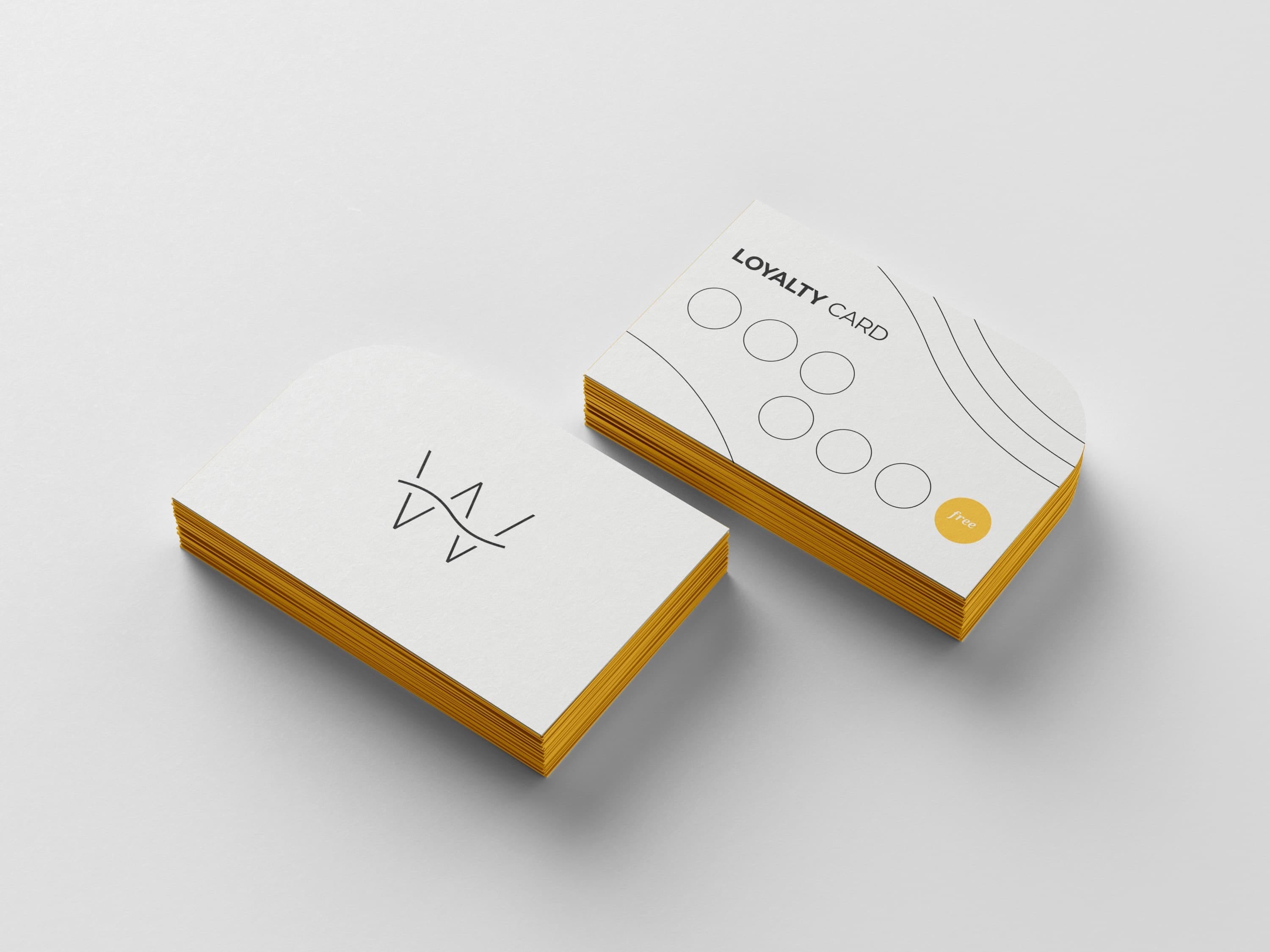 Loyalty card front and back with logo and path motif with brand accent colour. 7th coffee free!